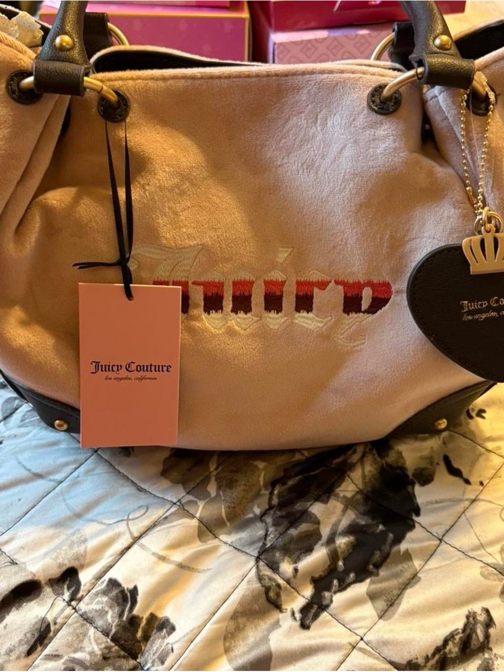 Juicy Couture Blush Pink Suede Shoulder Tote with Black Trim